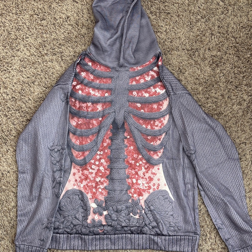 Gray and Pink Sequin Skeleton Hoodie